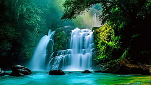 Misty Cascade in Lush Tropical Forest with Turquoise Pool and Long Exposure Waterfall HD wallpaper