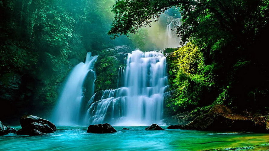 Misty Cascade in Lush Tropical Forest with Turquoise Pool and Long Exposure Waterfall HD wallpaper