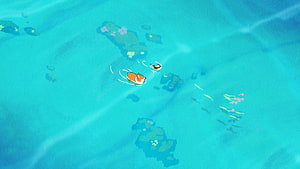 Corgi Dog Swimming in Turquoise Water with Small Character in Animated Style HD wallpaper