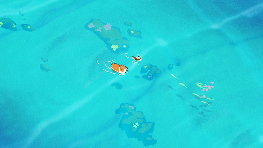Corgi Dog Swimming in Turquoise Water with Small Character in Animated Style HD wallpaper