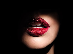 Glossy Red Glitter Lips Close-Up Beauty Portrait Against Black Background HD wallpaper