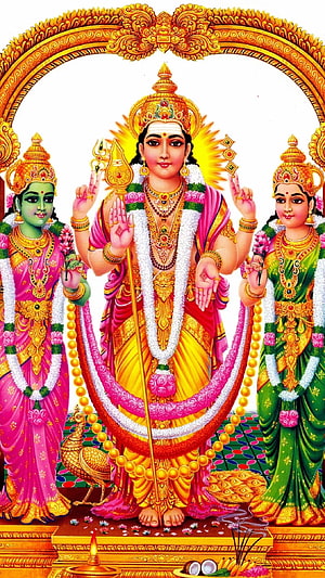 Lord Murugan with consorts in ornate traditional Indian temple art style HD phone wallpaper