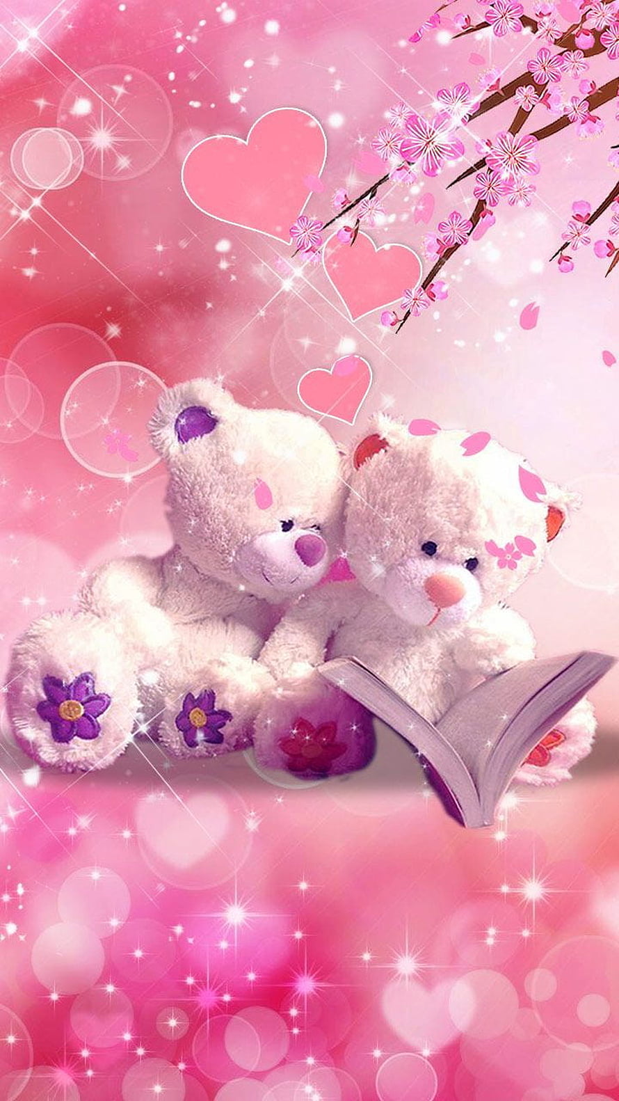Cute White Teddy Bears Reading a Book with Cherry Blossoms and Hearts in a Dreamy Pink Setting HD phone wallpaper