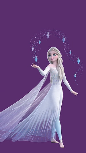 Elsa from Frozen 2 in White Gown with Flowing Hair and Ice Magic on Purple Background HD phone wallpaper
