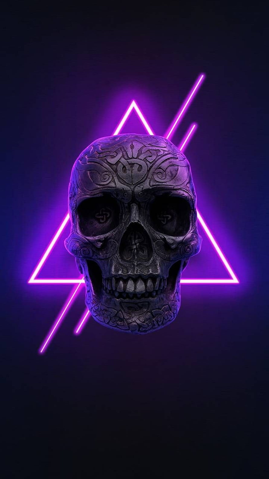 Ornate Skull with Purple Neon Triangle and Geometric Lines on Dark Background HD phone wallpaper