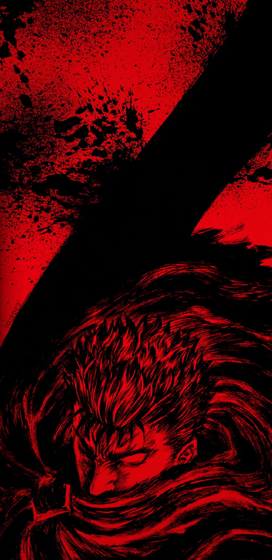 Guts from Berserk in a dramatic red and black ink illustration with intense expression HD phone wallpaper