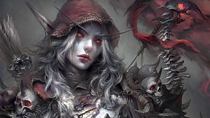 Sylvanas Windrunner Dark Fantasy Portrait with Skulls and Bone Staff HD wallpaper