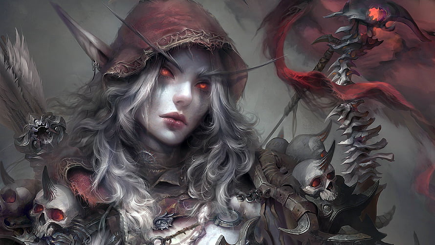 Sylvanas Windrunner Dark Fantasy Portrait with Skulls and Bone Staff HD wallpaper