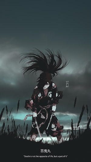 Hyakkimaru from Dororo Standing in a Dark Field with Dual Swords Under a Stormy Sky HD phone wallpaper