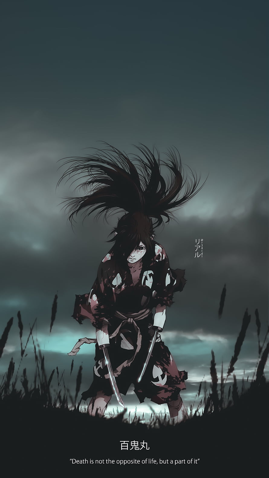 Hyakkimaru from Dororo Standing in a Dark Field with Dual Swords Under a Stormy Sky HD phone wallpaper