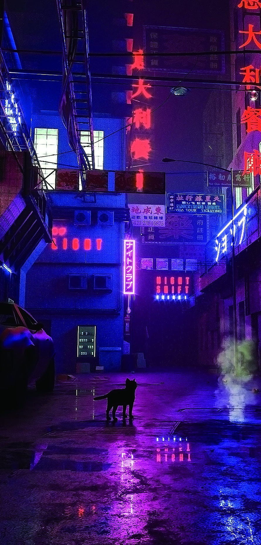 Cyberpunk Alley with Neon Signs and Silhouetted Cat in Rain HD phone wallpaper