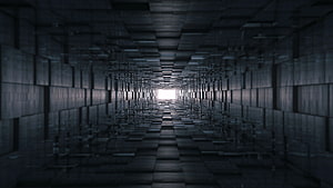 Dark Geometric Corridor with Bright Vanishing Point and Reflective Surfaces HD wallpaper