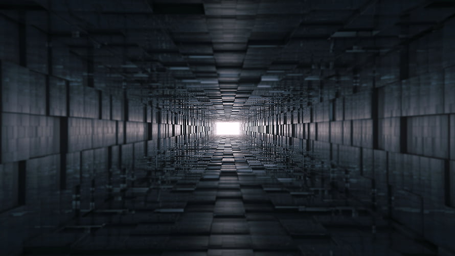 Dark Geometric Corridor with Bright Vanishing Point and Reflective Surfaces HD wallpaper