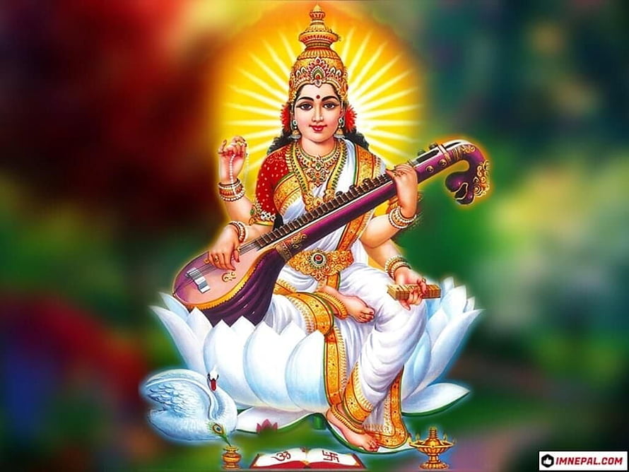 Goddess Saraswati Playing Veena on White Lotus with Radiant Halo HD wallpaper
