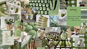 Sage Green Aesthetic Mood Board Featuring Matcha, Pastel Accessories, and Lifestyle Collage HD wallpaper