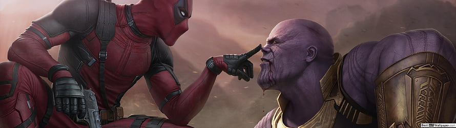 Deadpool Pointing Gun at Thanos in Dramatic Comic Book Confrontation HD wallpaper