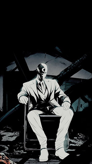 Moon Knight in White Suit Seated in Dark Ruined Interior HD phone wallpaper