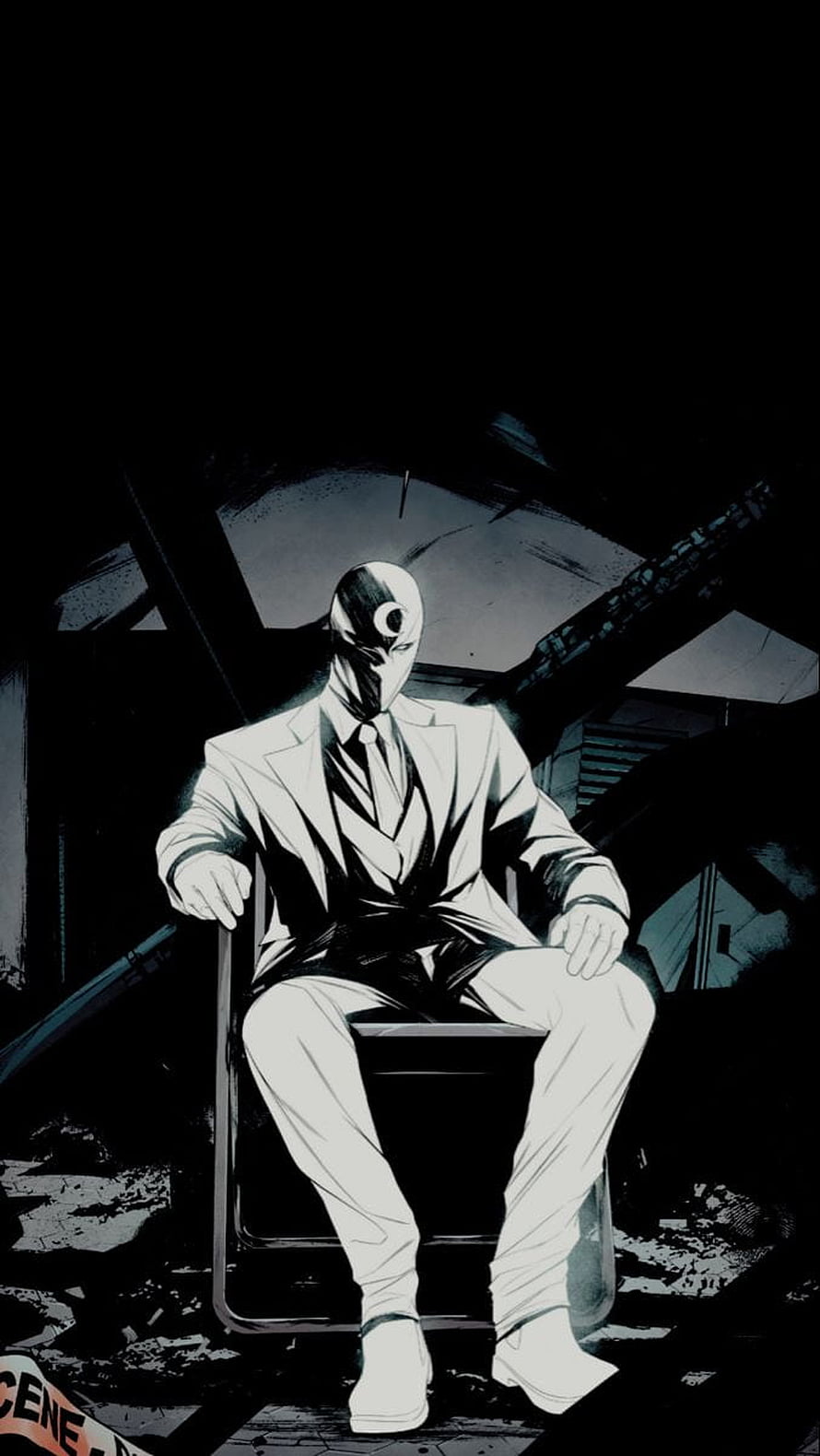 Moon Knight in White Suit Seated in Dark Ruined Interior HD phone wallpaper