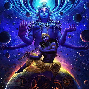 Lord Krishna Cosmic Artwork with Flute and Celestial Planets HD phone wallpaper