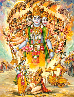 Lord Krishna and Arjuna with Divine Multi-Headed Deities and Royal Chariot HD phone wallpaper