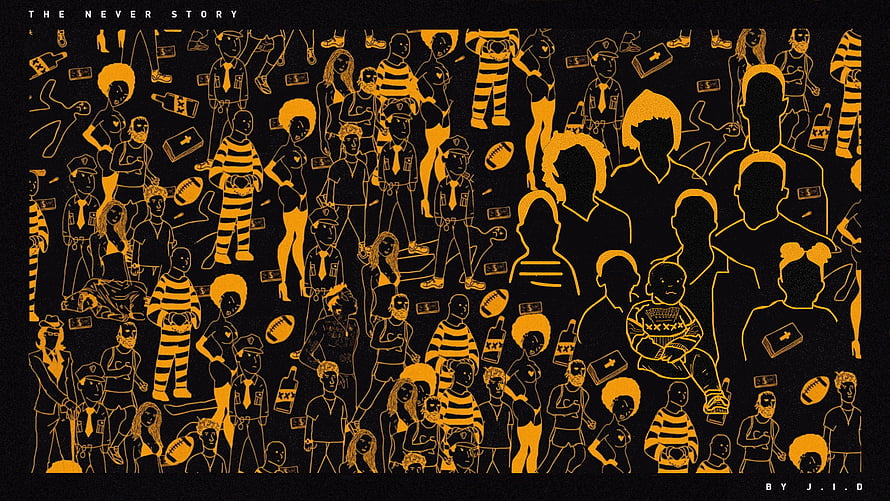 The Never Story by J.I.D: Stylized Crowd Illustration in Black and Gold HD wallpaper