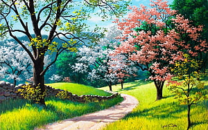 Springtime Countryside Path With Cherry Blossoms And Stone Wall HD wallpaper