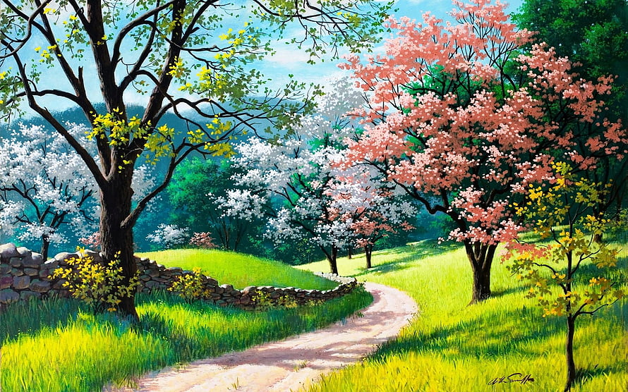 Springtime Countryside Path With Cherry Blossoms And Stone Wall HD wallpaper