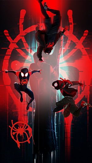 Spider-Man Miles Morales and Peter Parker Dynamic Action Scene with Red Spider Symbol Background HD phone wallpaper