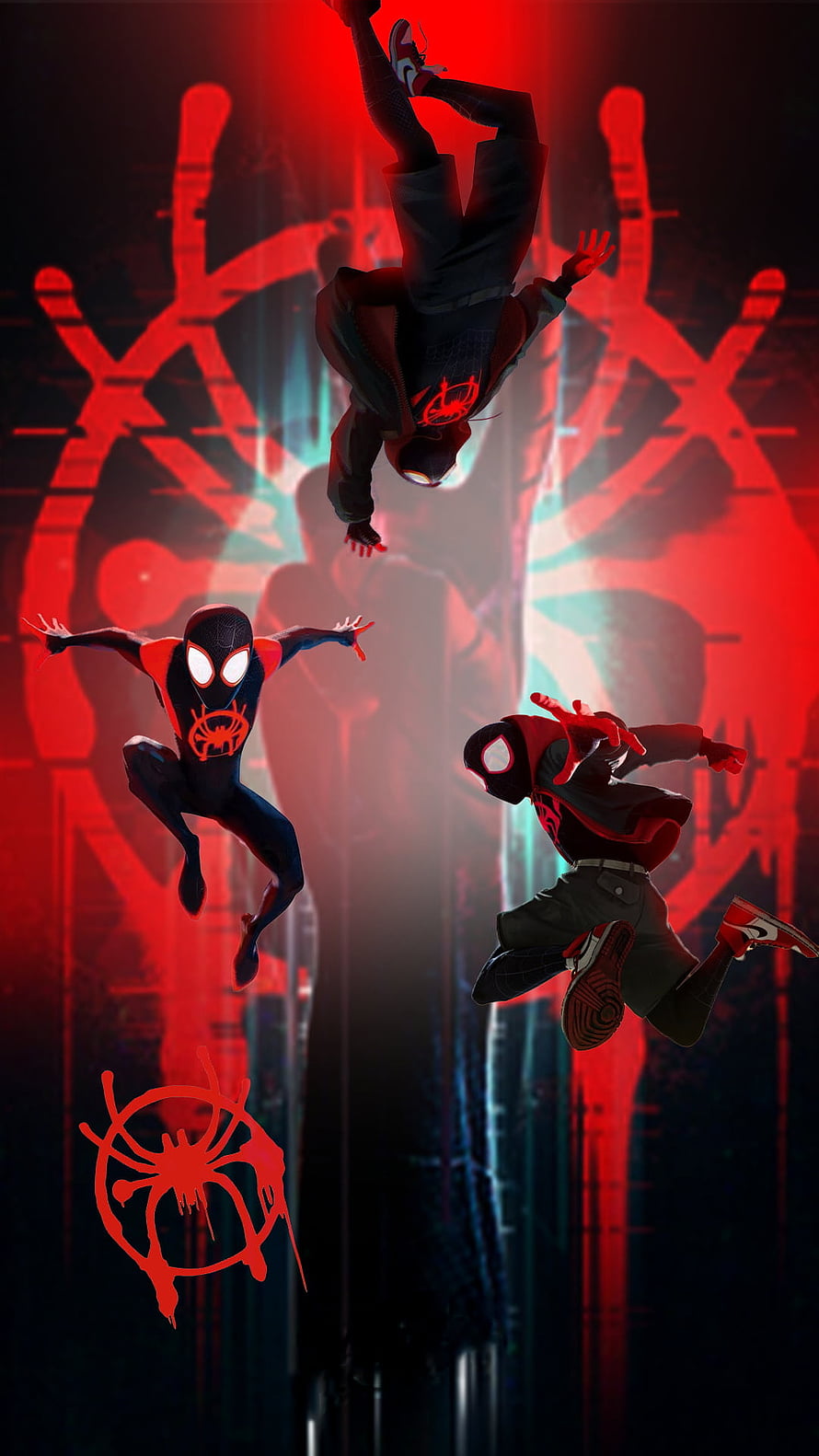 Spider-Man Miles Morales and Peter Parker Dynamic Action Scene with Red Spider Symbol Background HD phone wallpaper