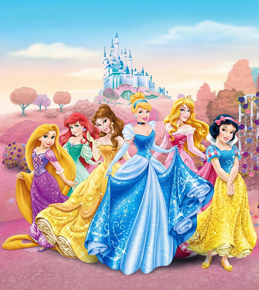 Disney Princesses Group Portrait in Ball Gowns Before a Fairy Tale Castle HD phone wallpaper