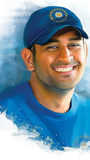 MS Dhoni Smiling Portrait in Blue India Cricket Cap and Jersey HD phone wallpaper