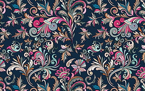 Ornate Baroque Floral Pattern with Pink and Teal Accents on Dark Navy Background HD wallpaper