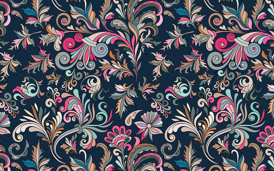 Ornate Baroque Floral Pattern with Pink and Teal Accents on Dark Navy Background HD wallpaper