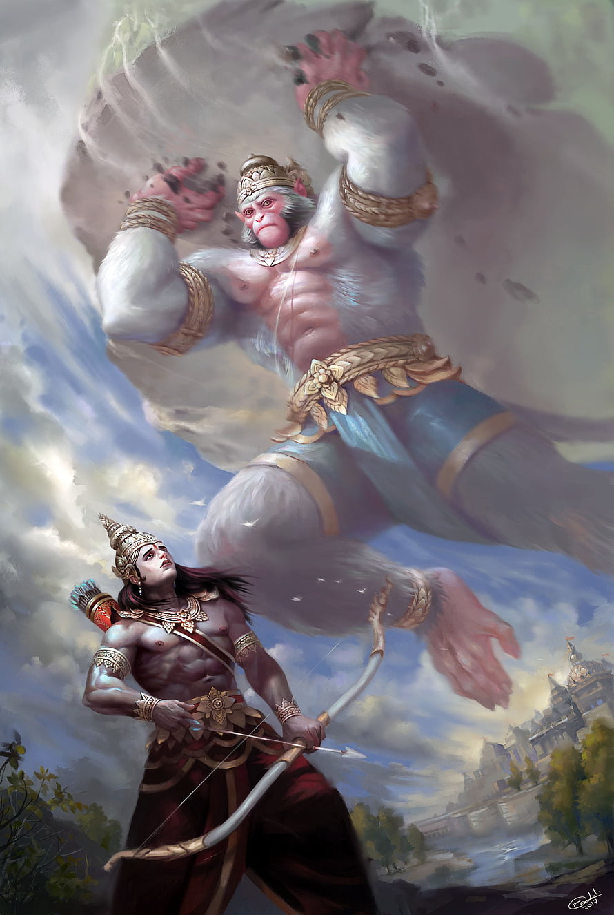 Hanuman and Rama in Epic Ramayana Battle Scene Fantasy Digital Art HD phone wallpaper