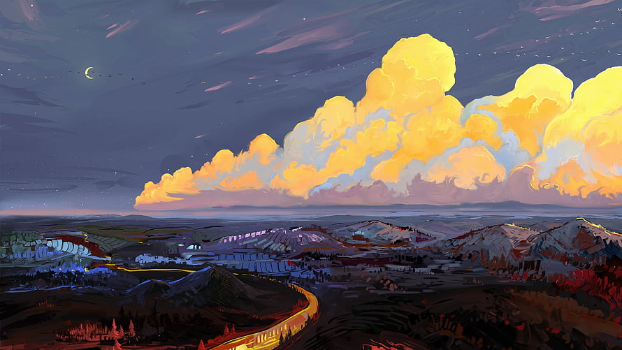 Digital Artwork of a Vast Landscape with Golden Clouds and a Crescent Moon at Dusk HD wallpaper