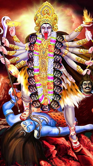 Mahakali Hindu Goddess Digital Art with Multiple Arms and Demon Figure HD phone wallpaper