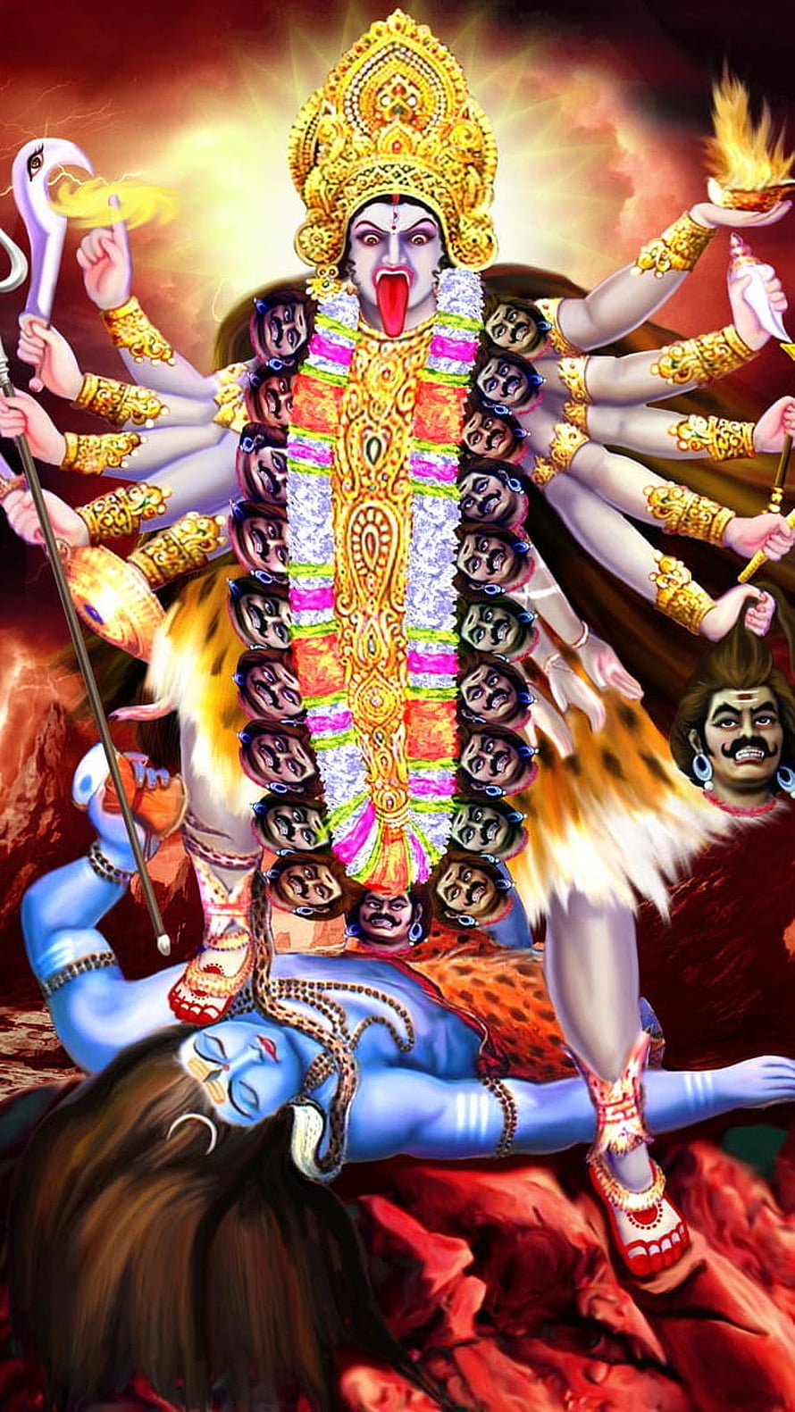 Mahakali Hindu Goddess Digital Art with Multiple Arms and Demon Figure HD phone wallpaper