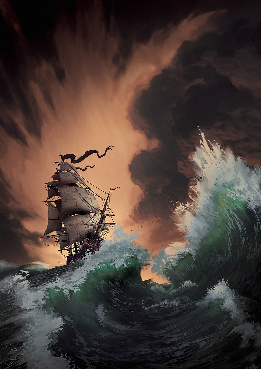 Dramatic Digital Painting of a Tall Ship Battling Massive Ocean Waves in a Dark Storm HD phone wallpaper