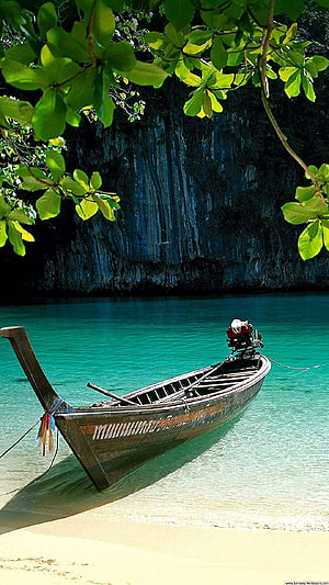 Traditional Longtail Boat Moored on Turquoise Water Near Lush Tropical Foliage HD phone wallpaper