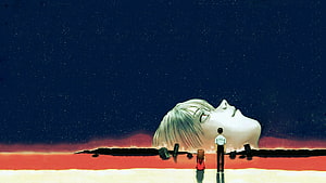 The End of Evangelion Giant Head and Two Figures Under Starry Night Sky HD wallpaper