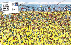 Where's Waldo Beach Scene with Crowded Sand and Ocean View HD wallpaper