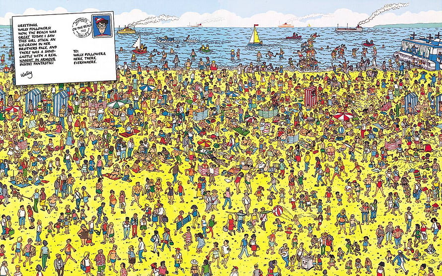 Where's Waldo Beach Scene with Crowded Sand and Ocean View HD wallpaper