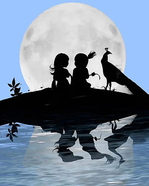 Radhe Krishna Silhouette with Peacock Under a Full Moon HD phone wallpaper