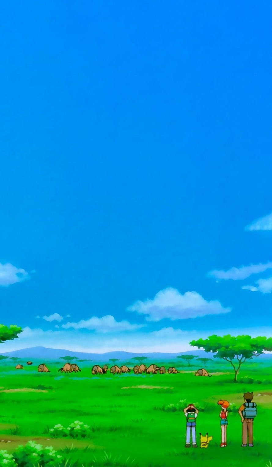 Pokemon Adventures: Ash, Misty, Brock, and Pikachu Watching a Herd of Tauros in a Sunny Grassland HD phone wallpaper