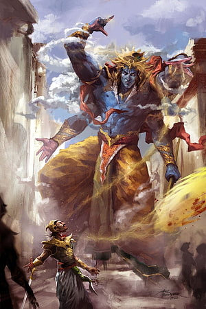 Lord Shri Krishna in a Fierce Divine Form with Golden Crown and Storm Energy HD phone wallpaper
