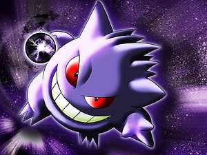 Gengar Pokemon Ghost Type Character With Red Eyes And Grin Against Purple Cosmic Starry Background HD wallpaper