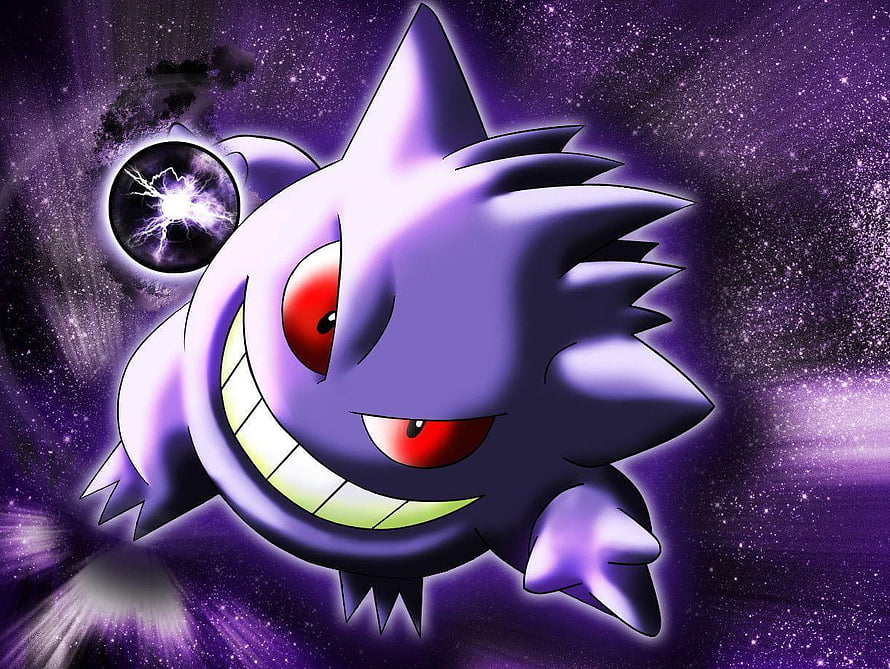Gengar Pokemon Ghost Type Character With Red Eyes And Grin Against Purple Cosmic Starry Background HD wallpaper