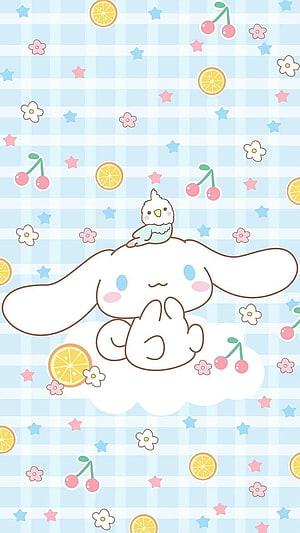 Cute Cinnamoroll and Bird on Cloud with Pastel Gingham Pattern HD phone wallpaper