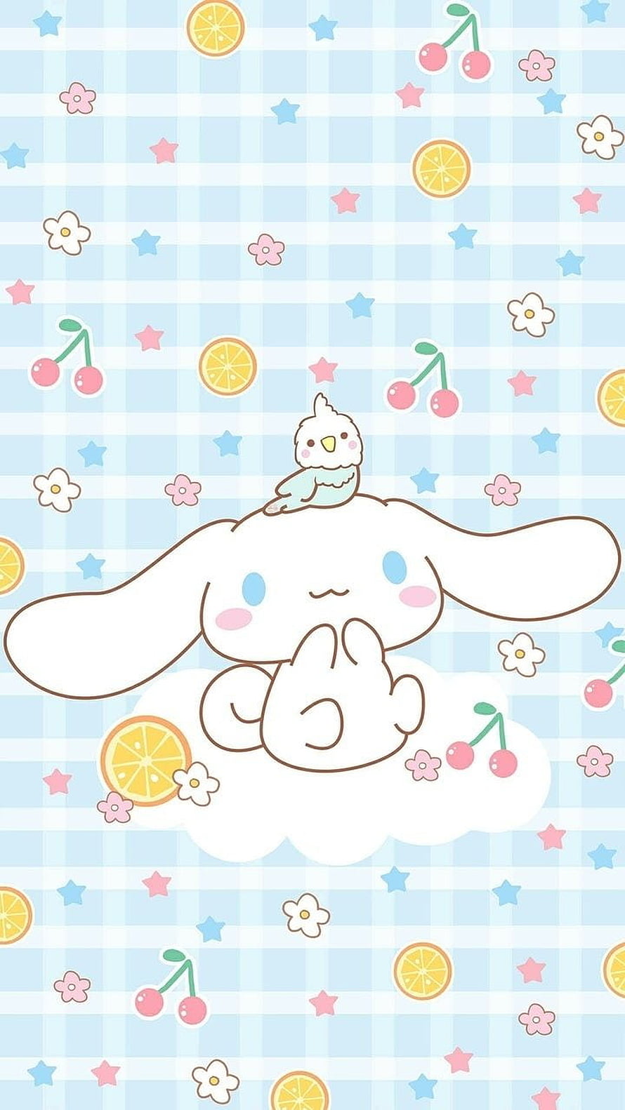 Cute Cinnamoroll and Bird on Cloud with Pastel Gingham Pattern HD phone wallpaper
