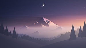 Minimalist Night Mountain Landscape with Crescent Moon and Pine Forest Silhouettes HD wallpaper